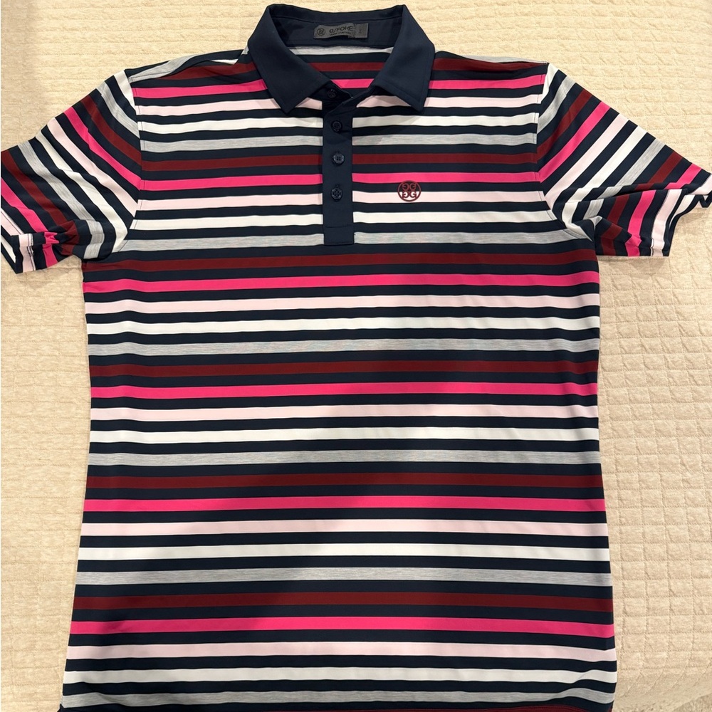 G/FORE Red and Pink Striped Polo Shirt